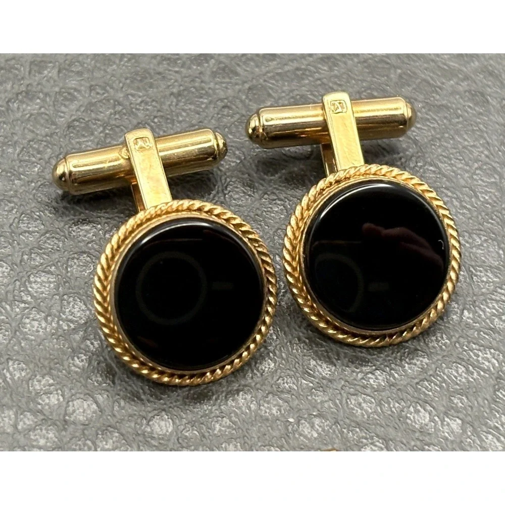 Vintage 14K Gold Filled Black Onyx Cufflinks Cuff Buttons Set 4pc